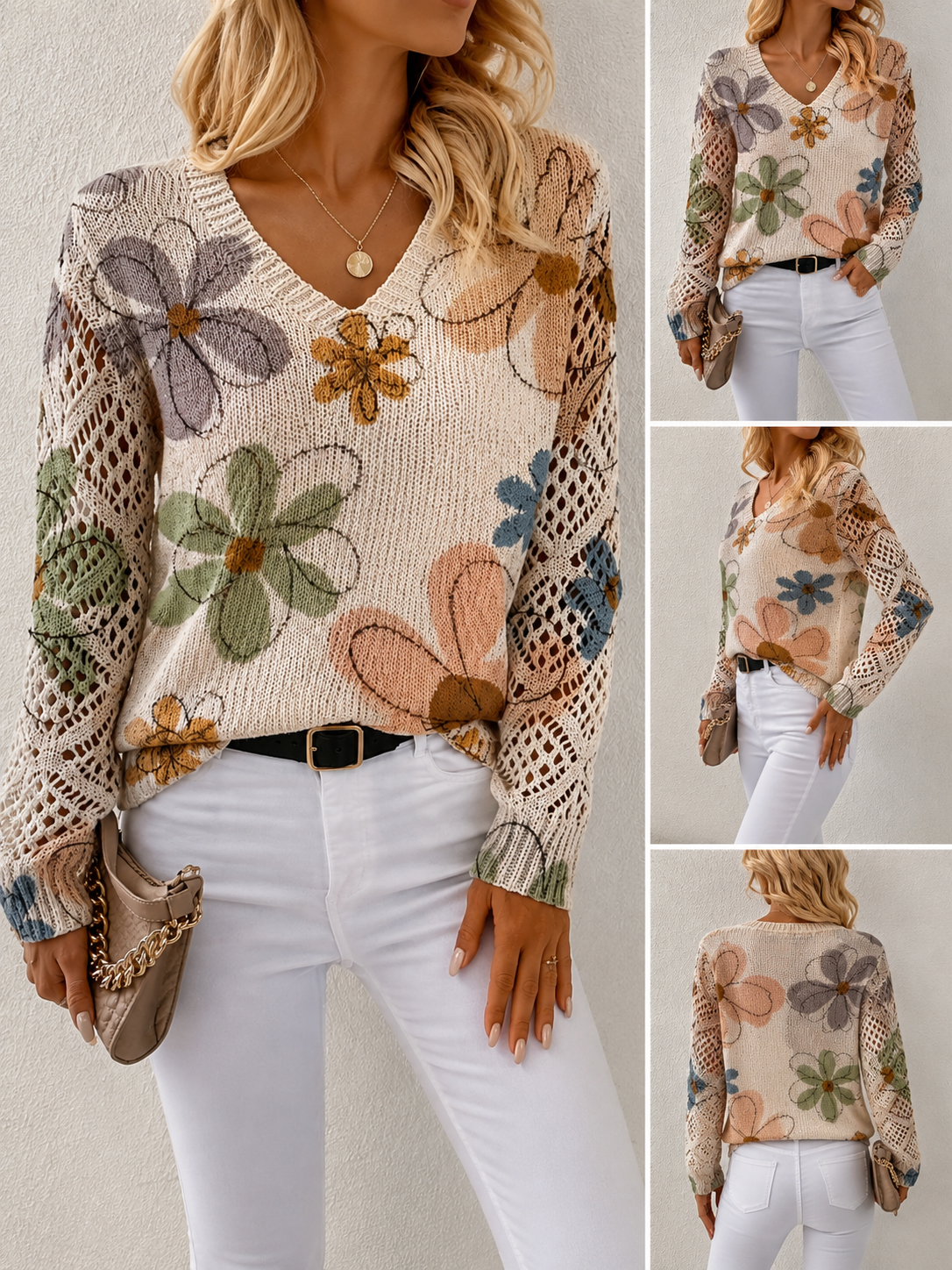 Maglione in Maglia Traforata con Scollo a V