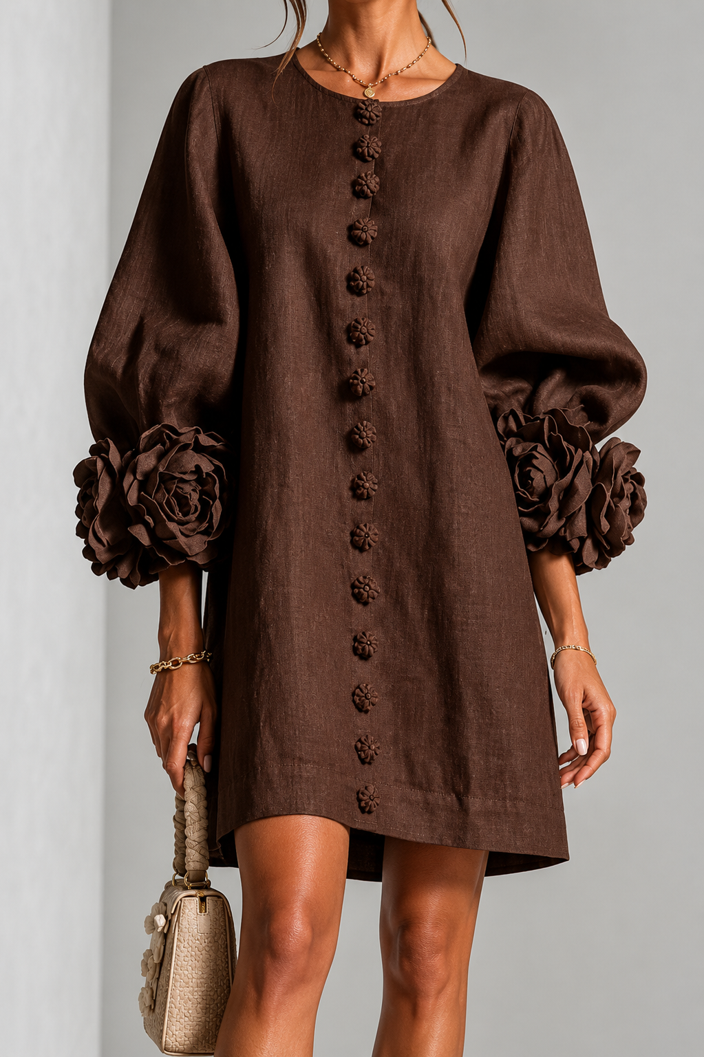 Abito Elegante con Maniche a Fiore