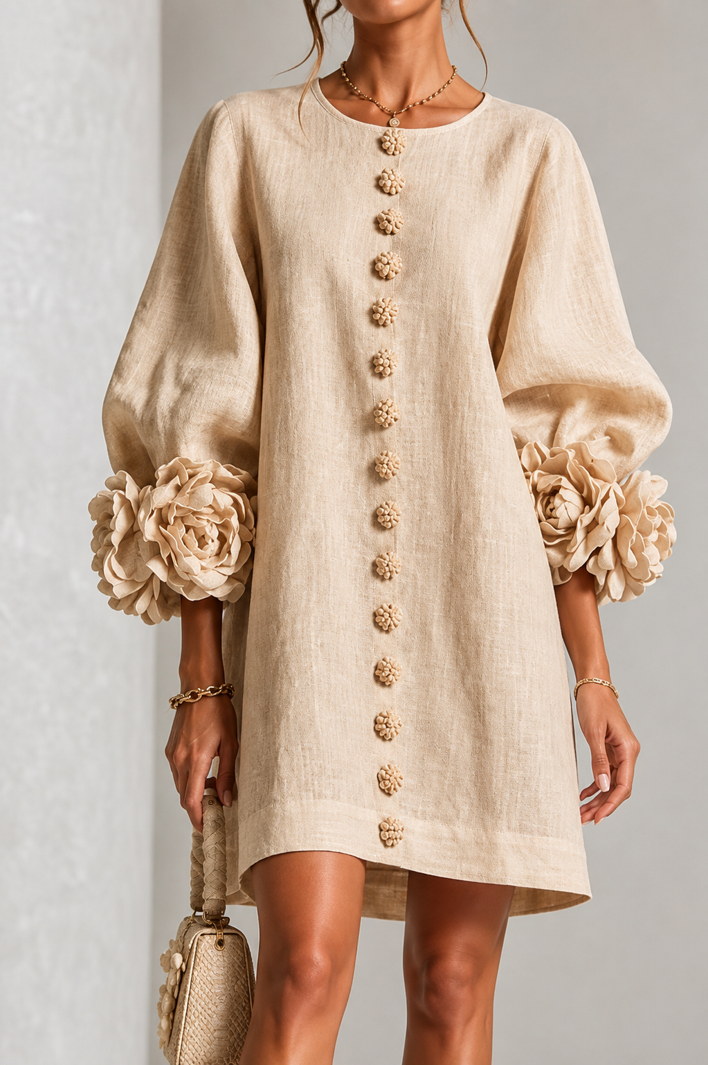 Abito Elegante con Maniche a Fiore