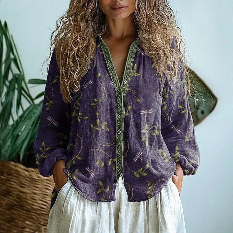 Brianna | Camicia Vintage Elegante con Stampa a Foglie