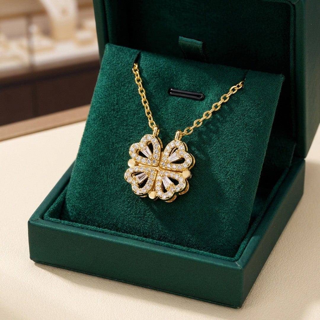 Collana Trifoglio Dorata con Ciondolo Cuore in Pietra di Zircone