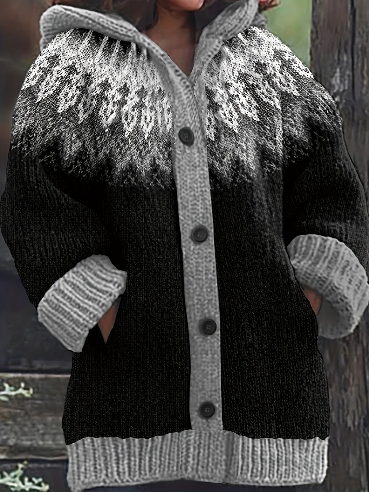 Gulnur | Cardigan con Cappuccio a Motivo Nordico