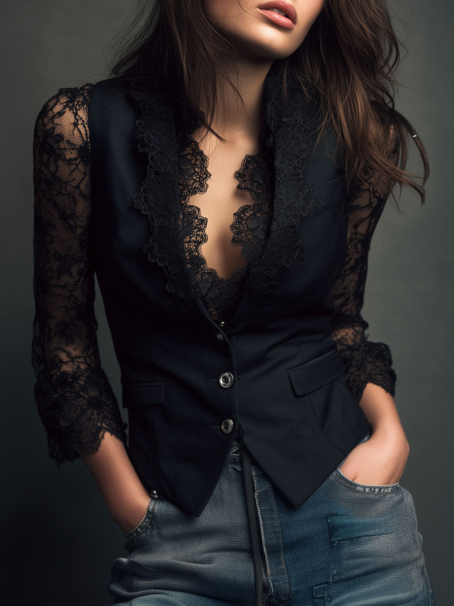 Noémie | Top Blazer Nero con Maniche Semi-Trasparenti