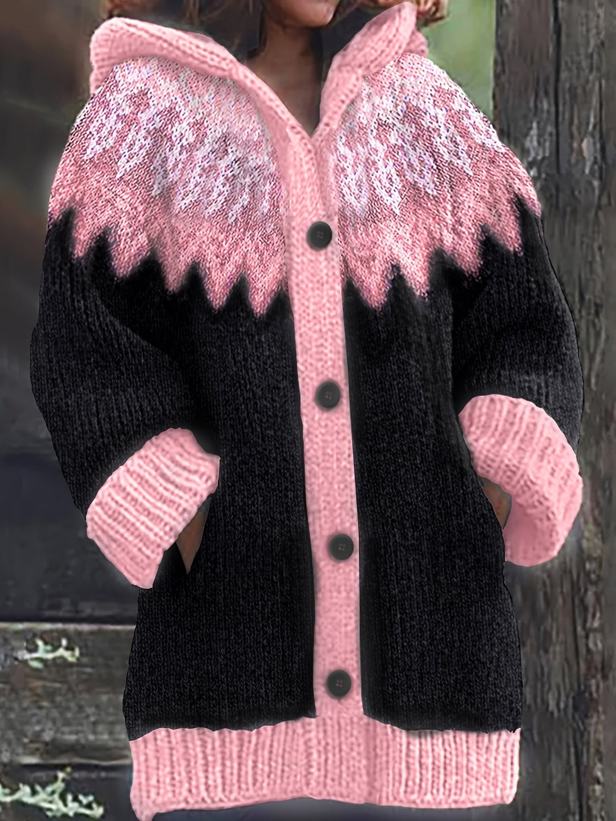 Gulnur | Cardigan con Cappuccio a Motivo Nordico