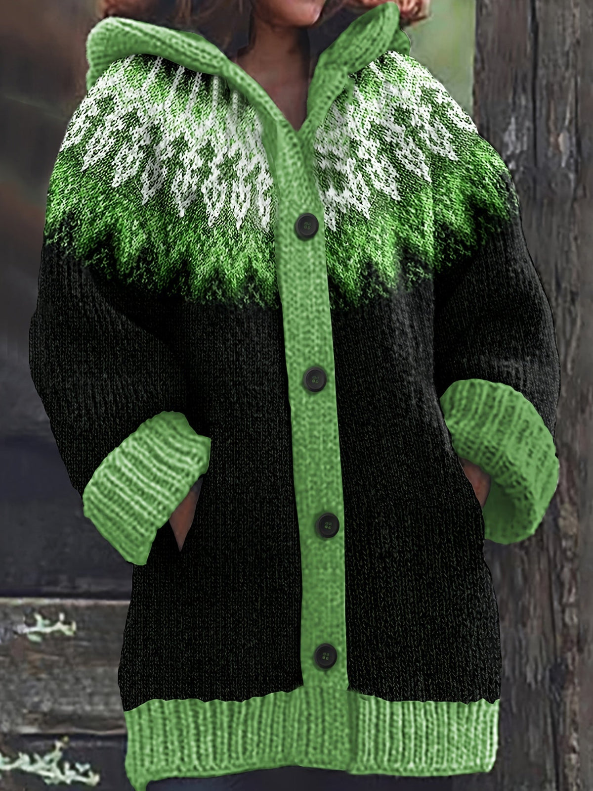 Gulnur | Cardigan con Cappuccio a Motivo Nordico