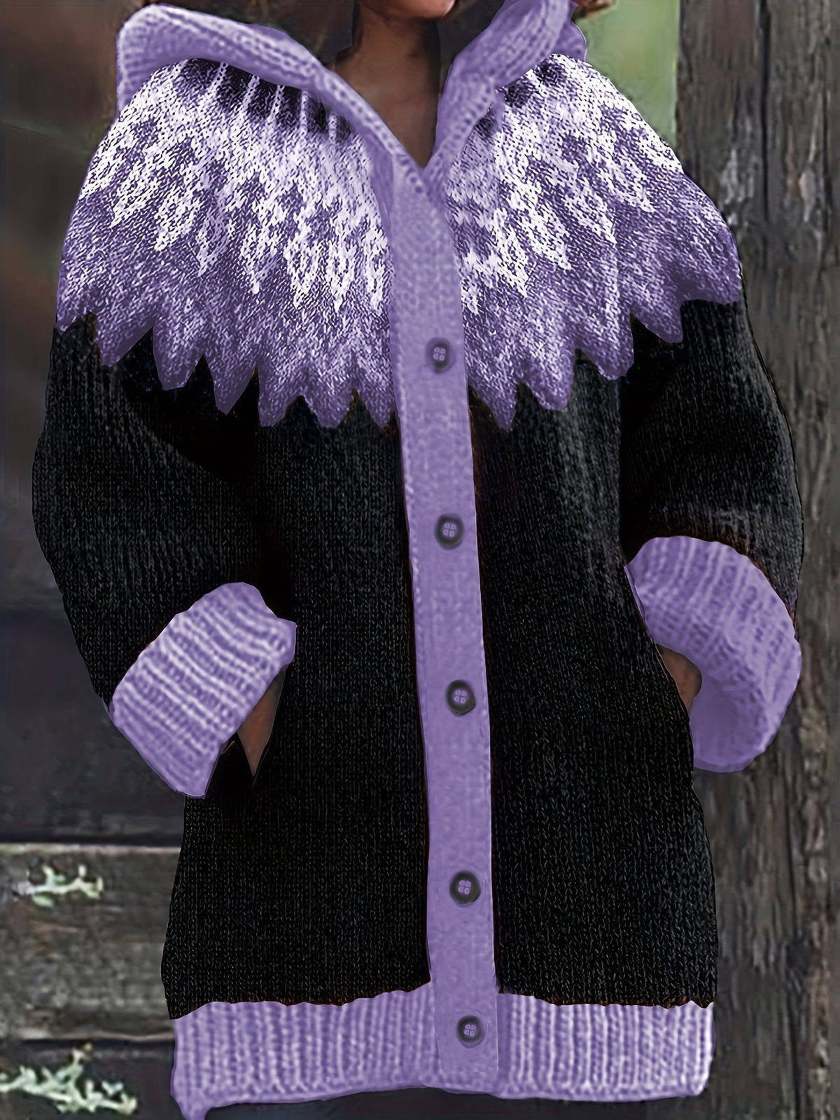 Gulnur | Cardigan con Cappuccio a Motivo Nordico