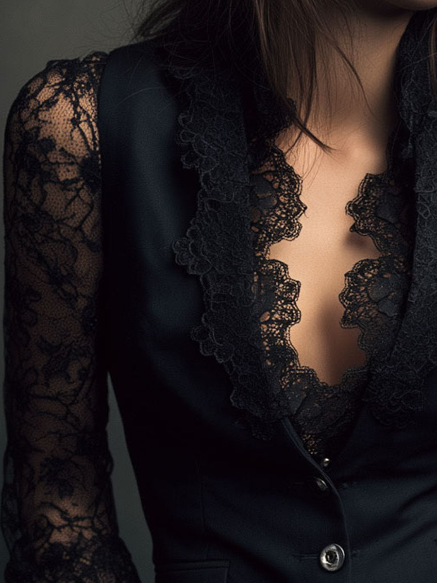 Noémie | Top Blazer Nero con Maniche Semi-Trasparenti