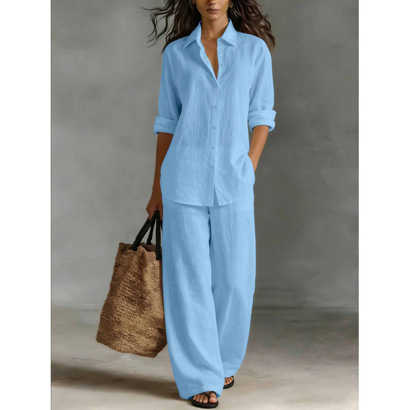 Completo Camicia e Pantaloni Casual in Cotone e Lino da Donna