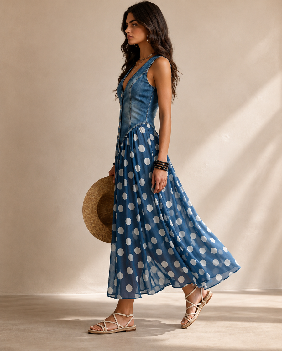 Abito Elegante in Denim con Gonna Plissé a Pois