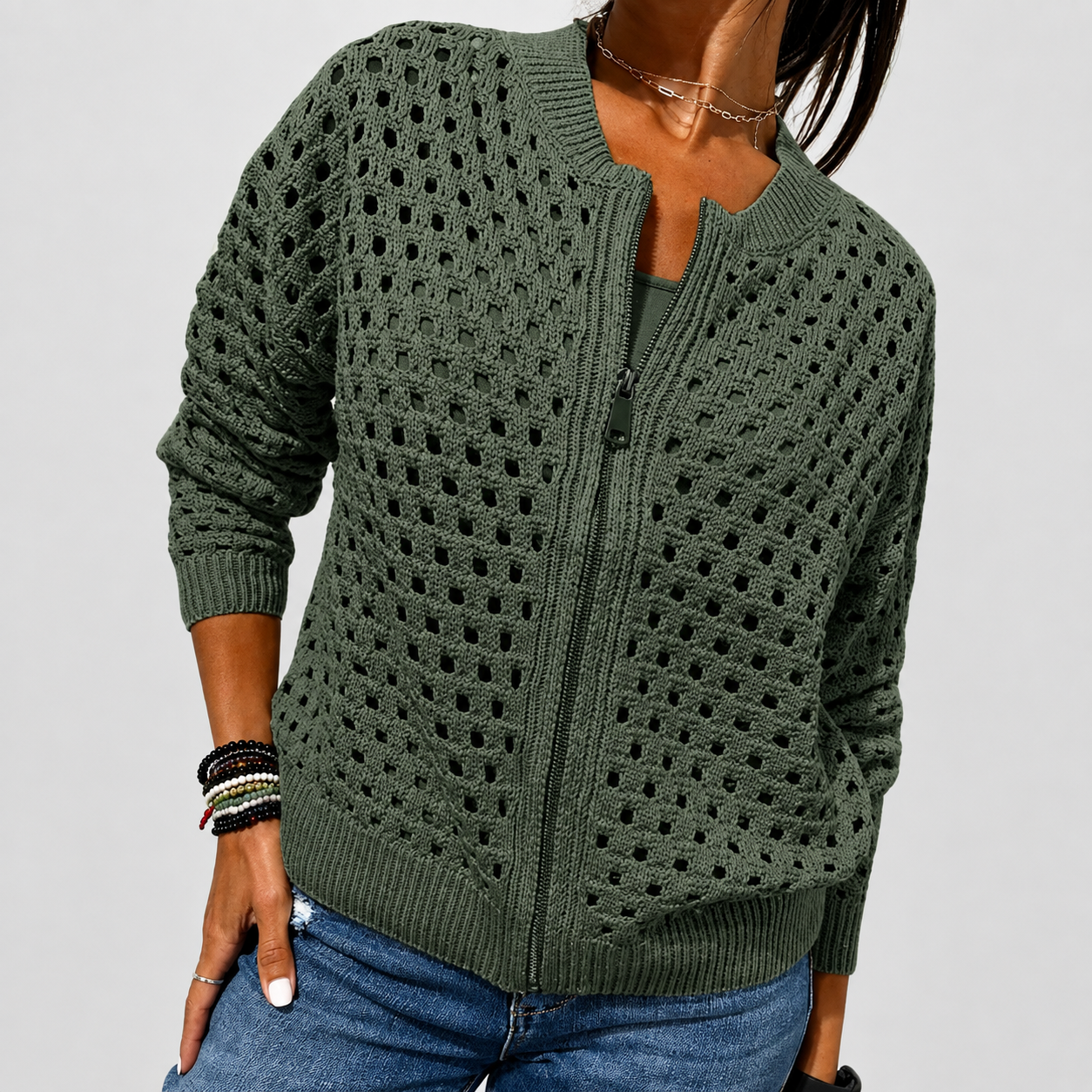 Giulia™ – Cardigan in Maglia Traforata con Zip