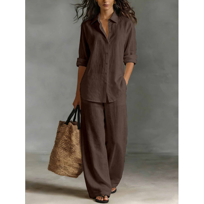 Completo Camicia e Pantaloni Casual in Cotone e Lino da Donna