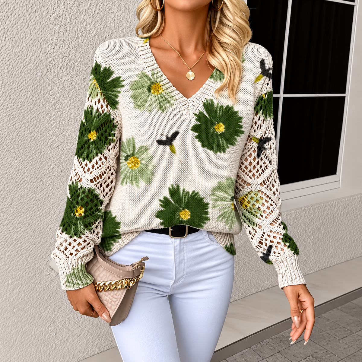 Maglione in Maglia Traforata con Scollo a V