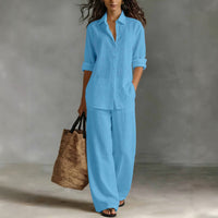 Set di pantaloni e camicia da donna in cotone e lino casual