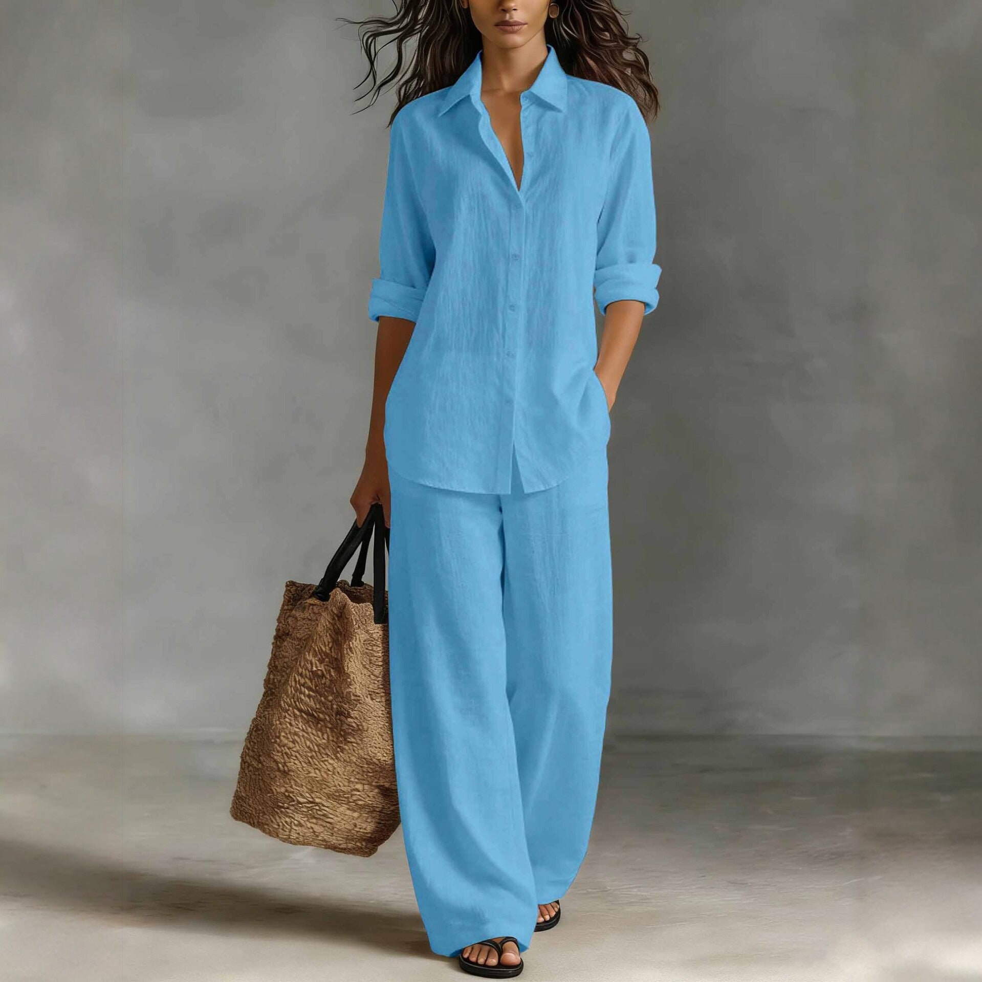 Completo Camicia e Pantaloni Casual in Cotone e Lino da Donna