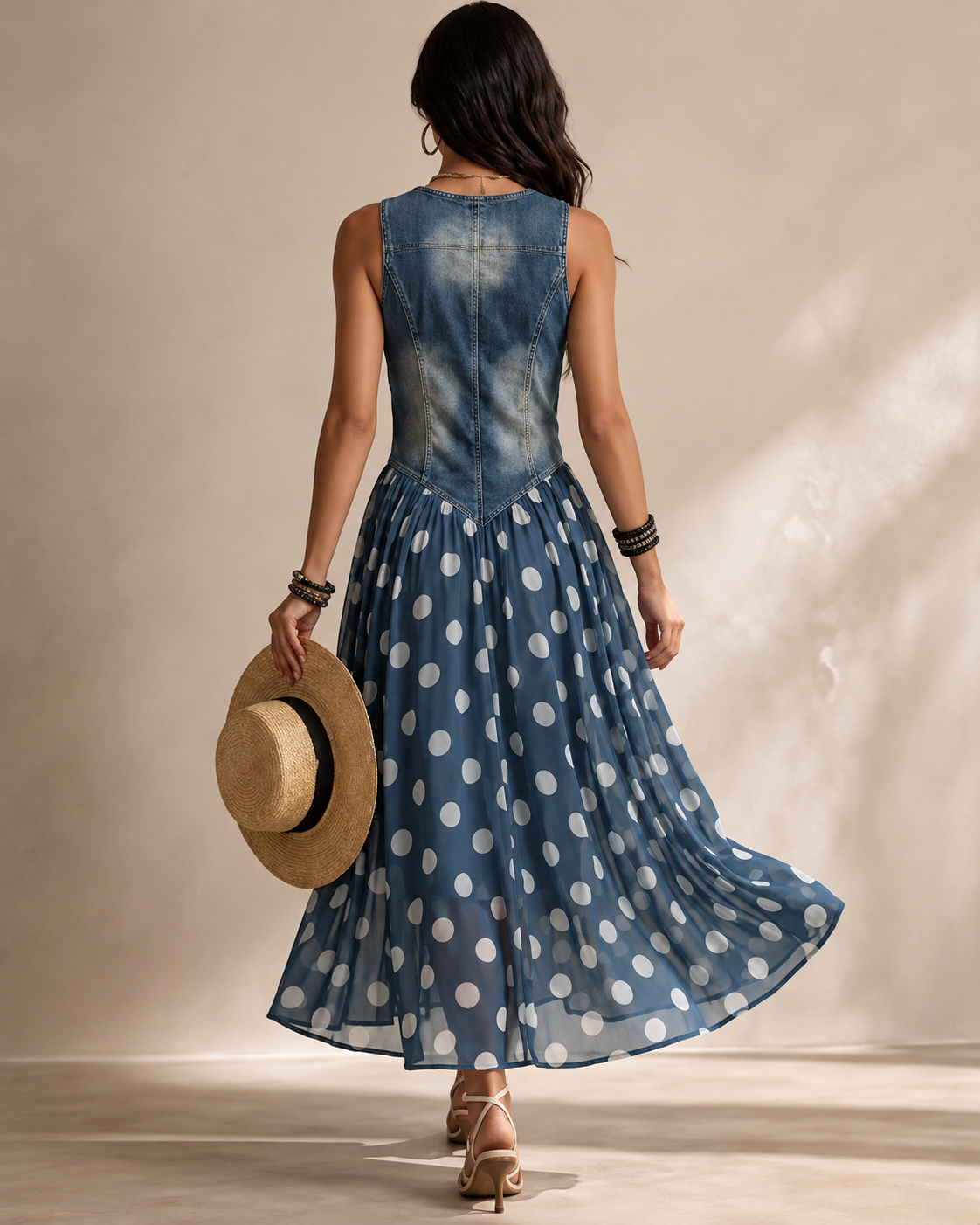 Abito Elegante in Denim con Gonna Plissé a Pois