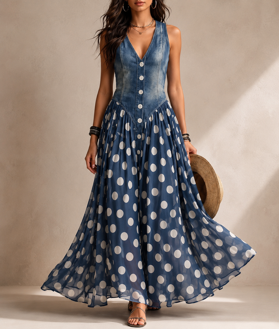 Abito Elegante in Denim con Gonna Plissé a Pois