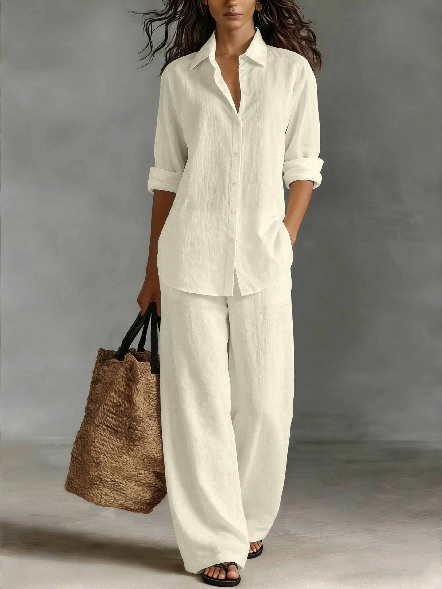 Completo Camicia e Pantaloni Casual in Cotone e Lino da Donna