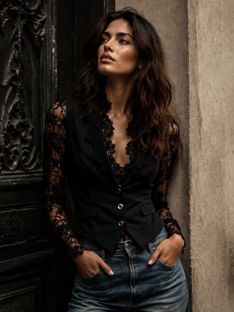Noémie | Top Blazer Nero con Maniche Semi-Trasparenti