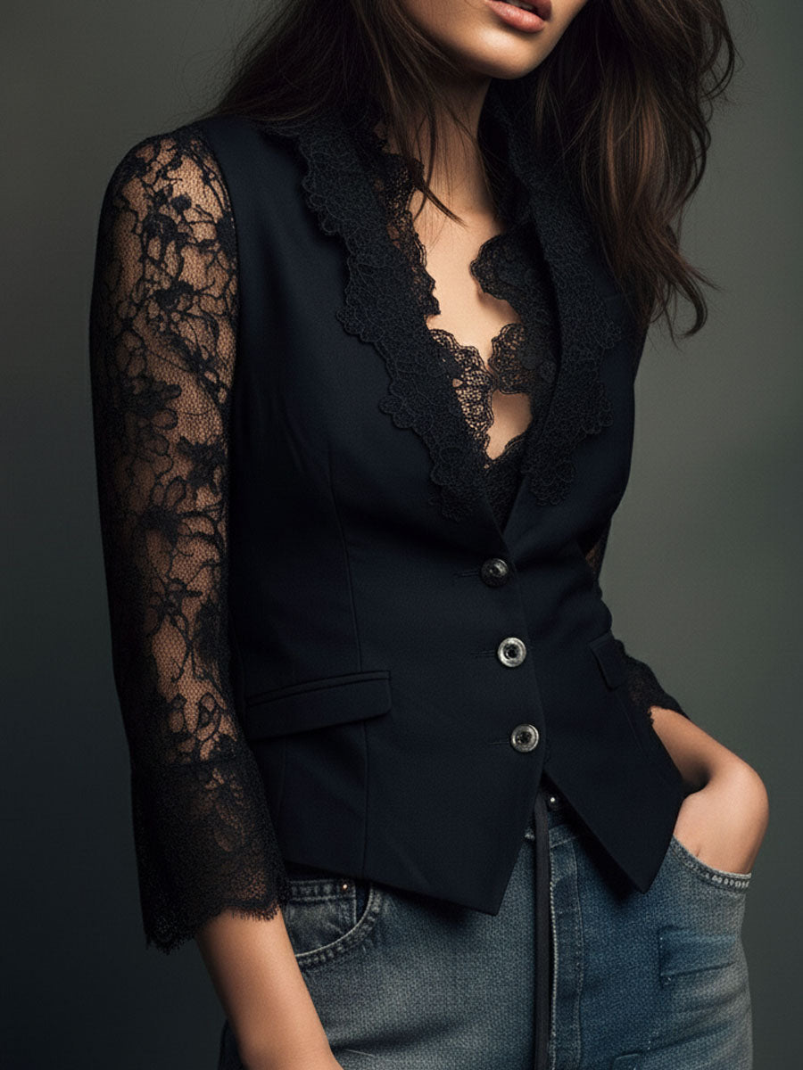 Noémie | Top Blazer Nero con Maniche Semi-Trasparenti