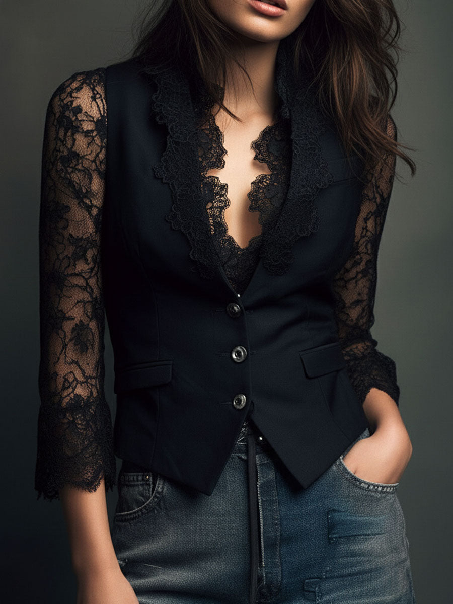Noémie | Top Blazer Nero con Maniche Semi-Trasparenti