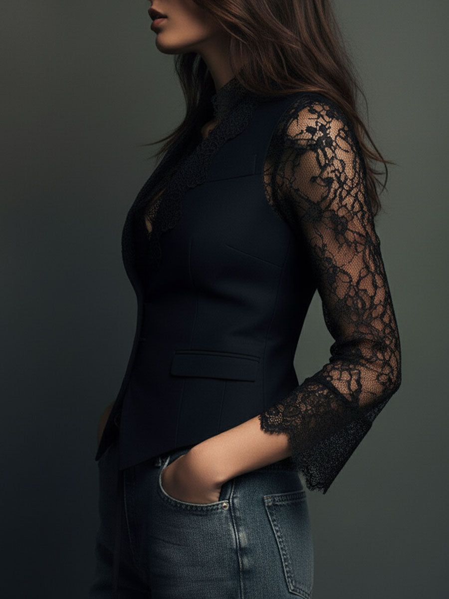 Noémie | Top Blazer Nero con Maniche Semi-Trasparenti