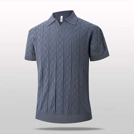 Knitted V-Neck Polo Shirt Men Short Sleeve