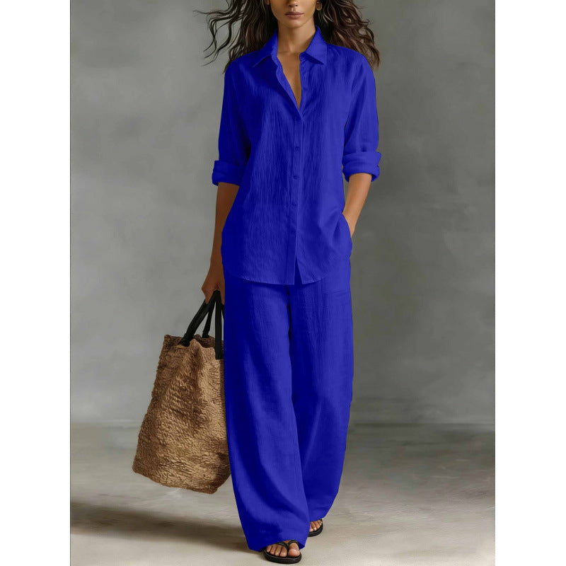 Completo Camicia e Pantaloni Casual in Cotone e Lino da Donna