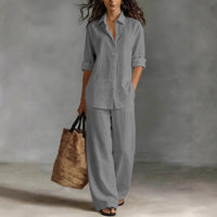 Set di pantaloni e camicia da donna in cotone e lino casual