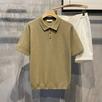 Polo da uomo di lusso leggero a quadri in seta ghiaccio traspirante, Maglietta a maniche corte da uomo con colletto risvoltato, casual di alta gamma e confortevole