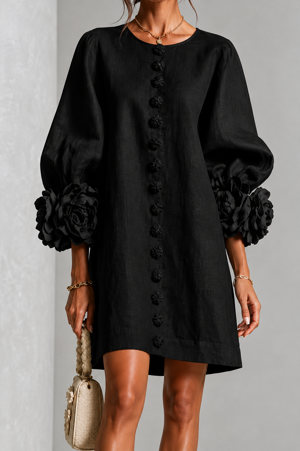 Abito Elegante con Maniche a Fiore