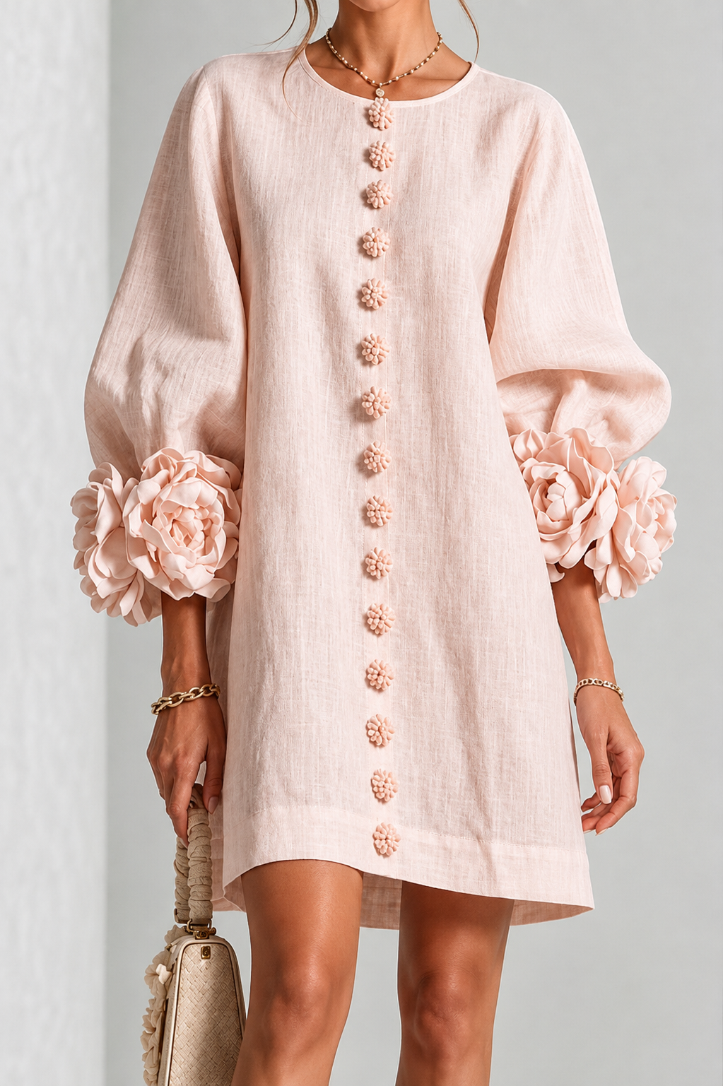 Abito Elegante con Maniche a Fiore