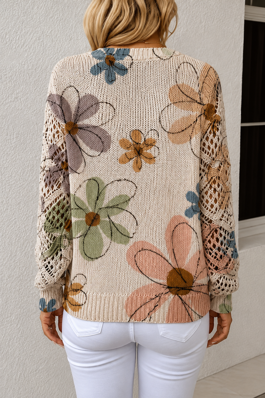 Maglione in Maglia Traforata con Scollo a V