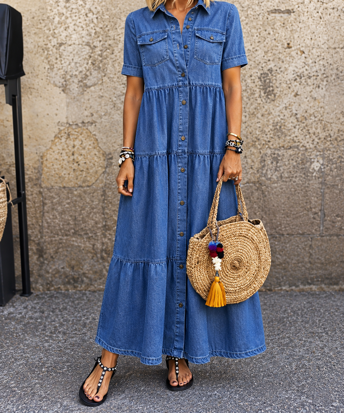 Abito Lungo in Denim Casual con Bottoni