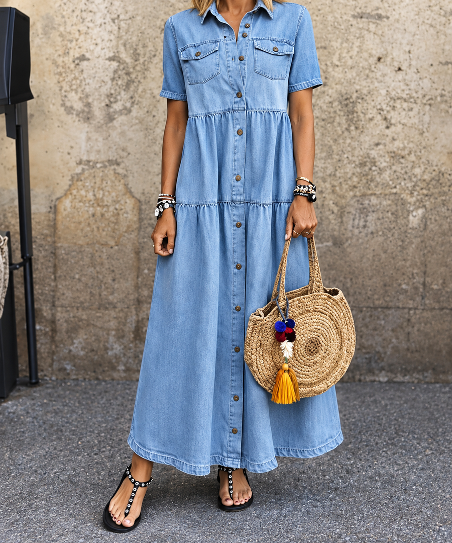 Abito Lungo in Denim Casual con Bottoni