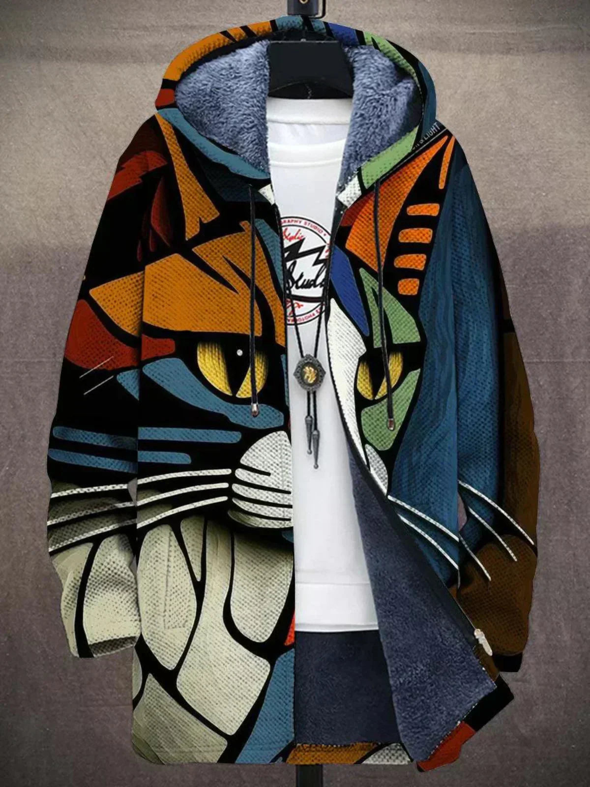 Rosangela | Giacca in maglia con cappuccio e stampa artistica