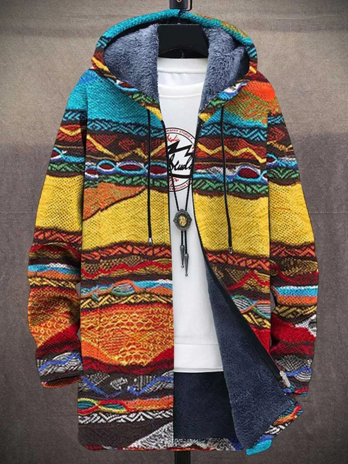 Rosangela | Giacca in maglia con cappuccio e stampa artistica