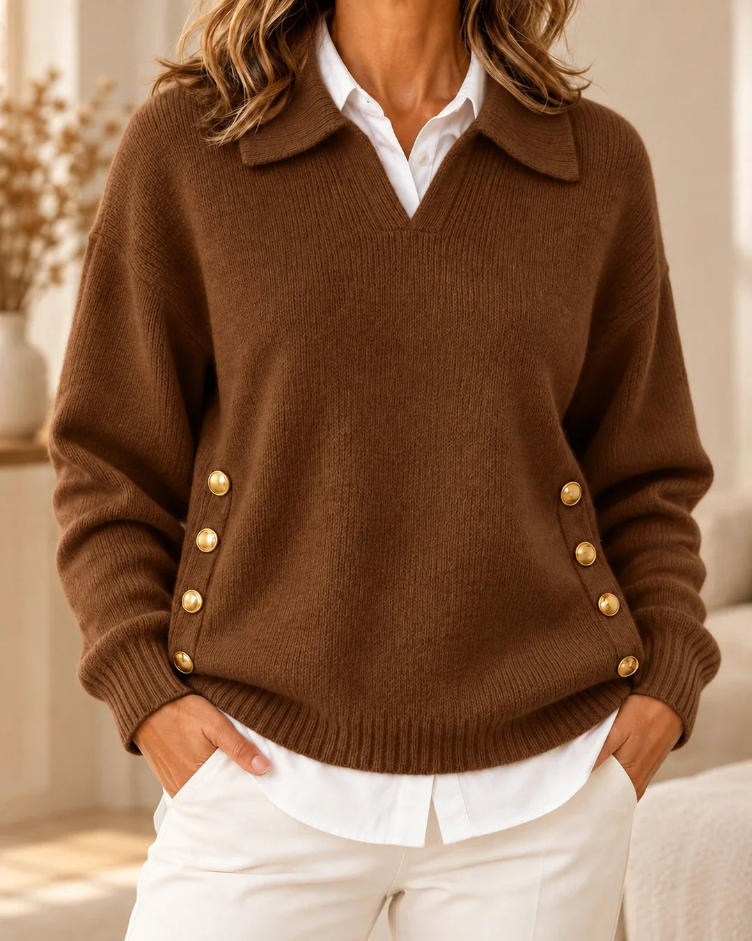 Erminia | Maglione con Collo Polo e Bottoni Dorati