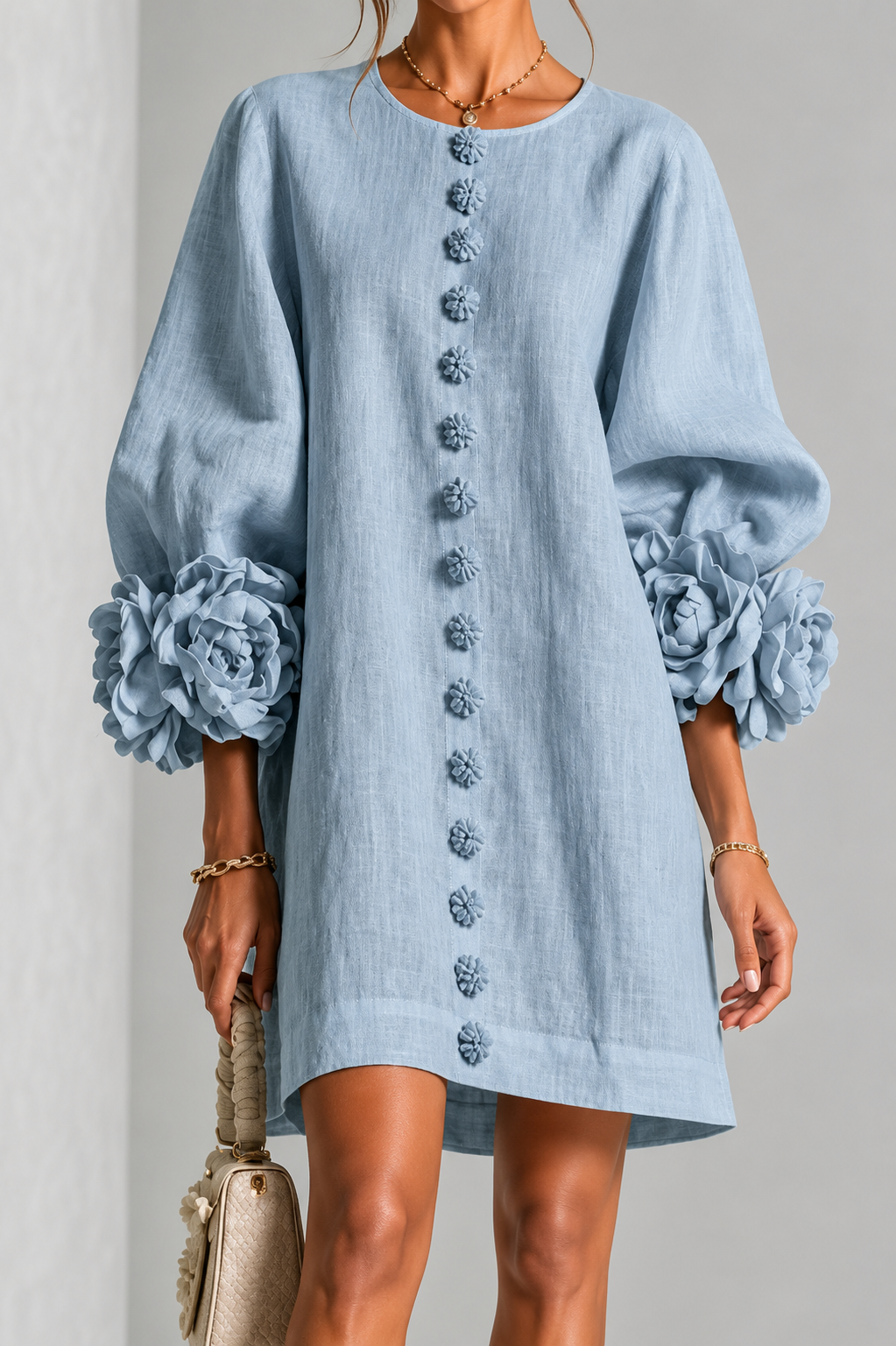 Abito Elegante con Maniche a Fiore