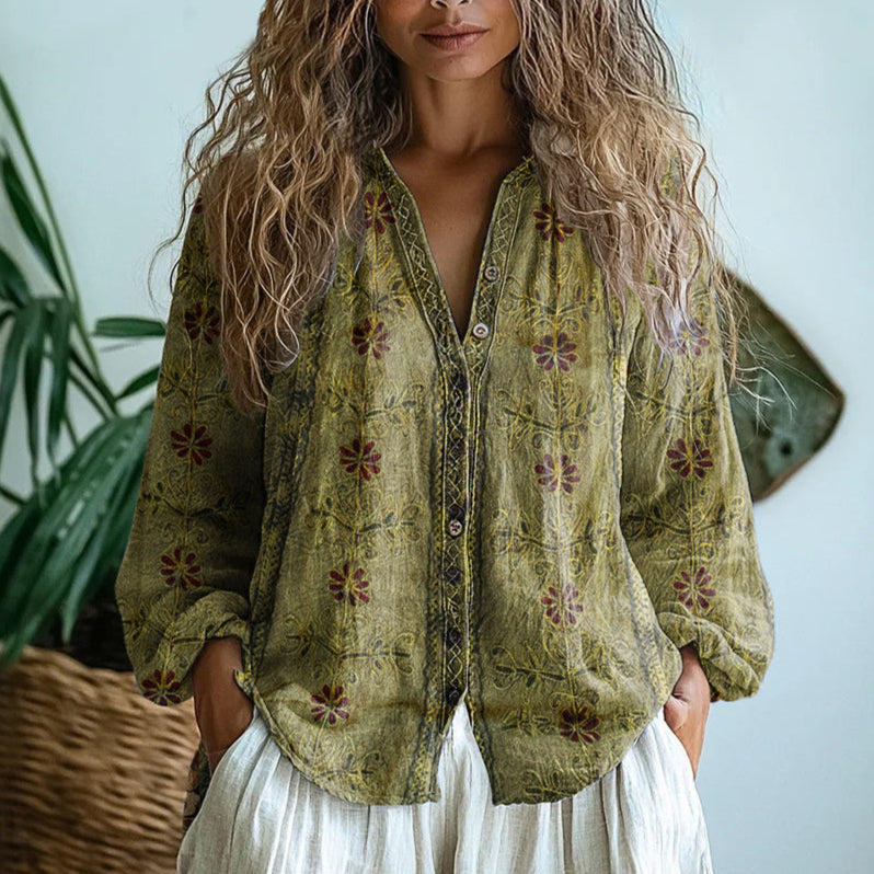 Brianna | Camicia Vintage Elegante con Stampa a Foglie