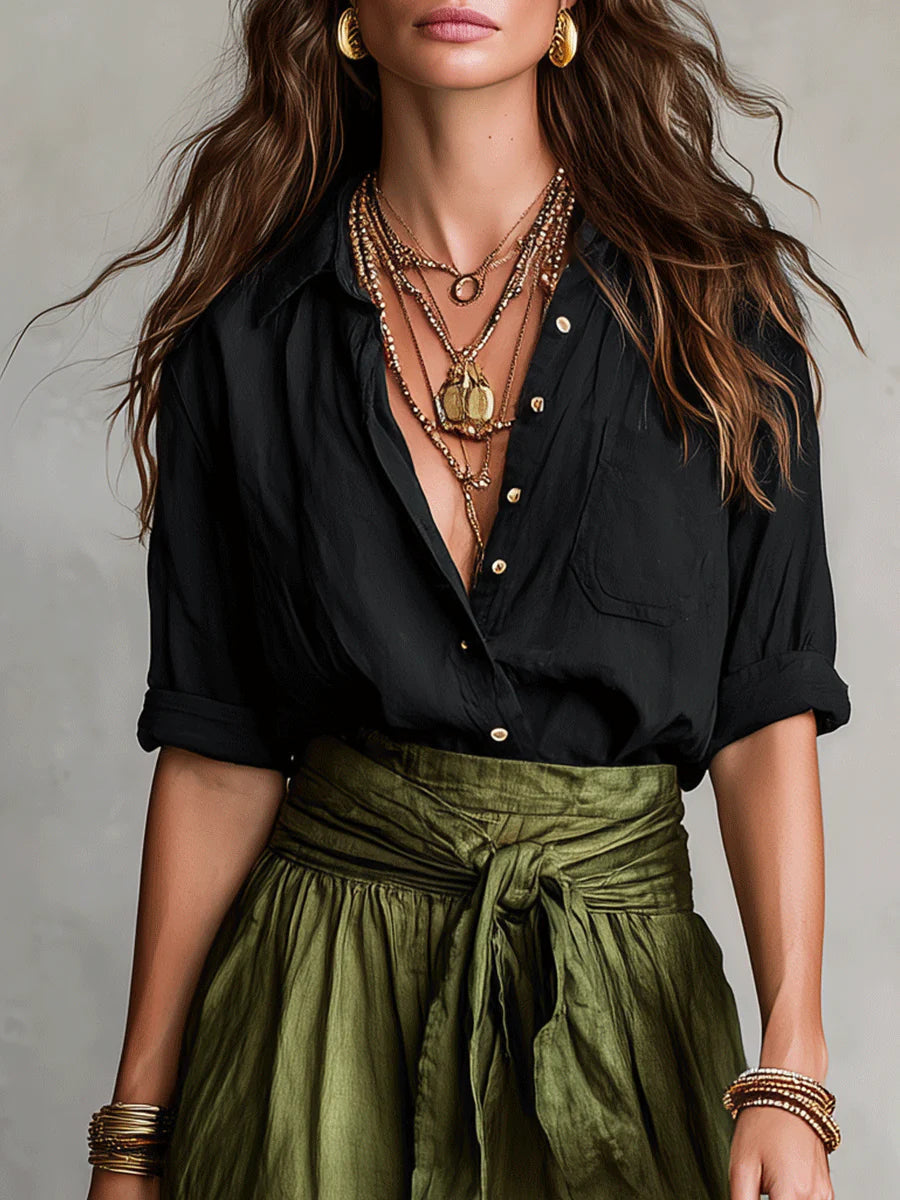 Greta | Completo Due Pezzi: Maglia Nera e Gonna Midi Verde Oliva