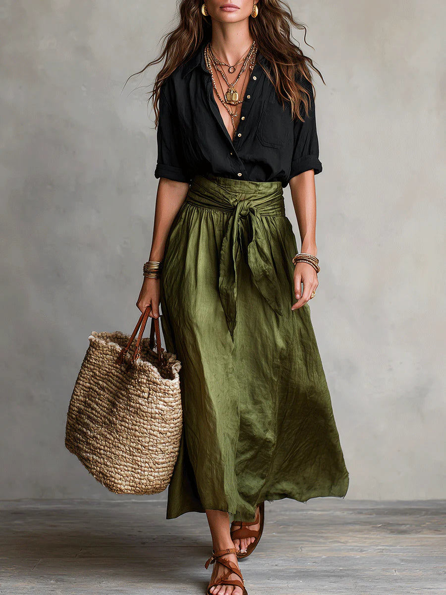 Greta | Completo Due Pezzi: Maglia Nera e Gonna Midi Verde Oliva
