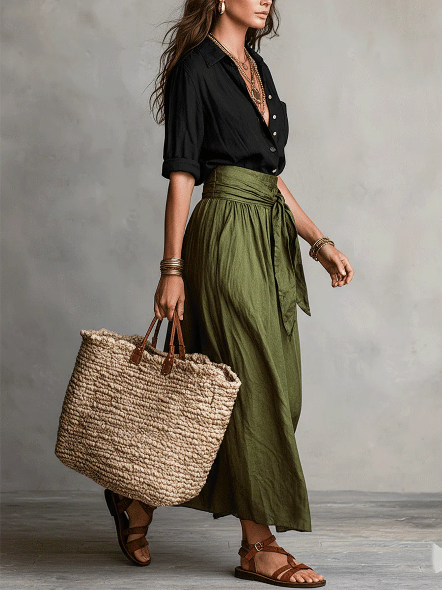 Greta | Completo Due Pezzi: Maglia Nera e Gonna Midi Verde Oliva