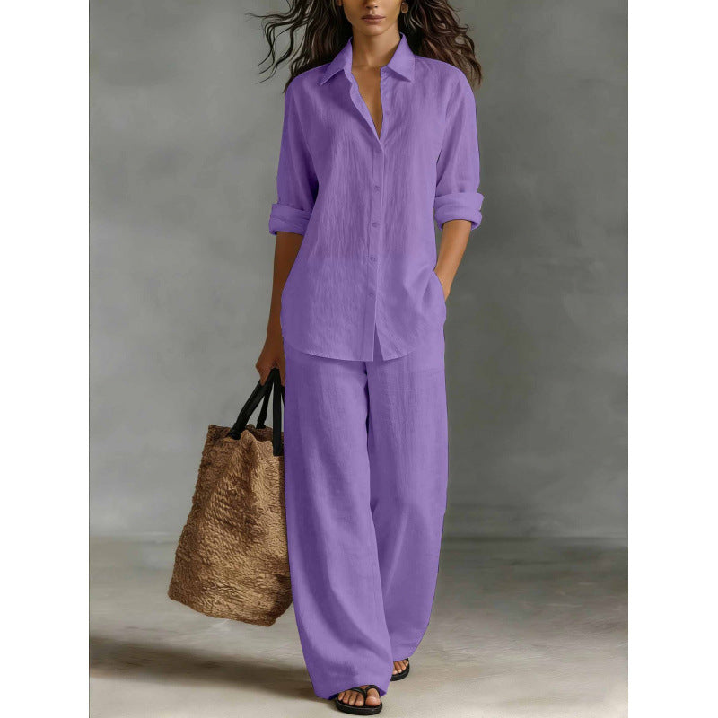 Completo Camicia e Pantaloni Casual in Cotone e Lino da Donna