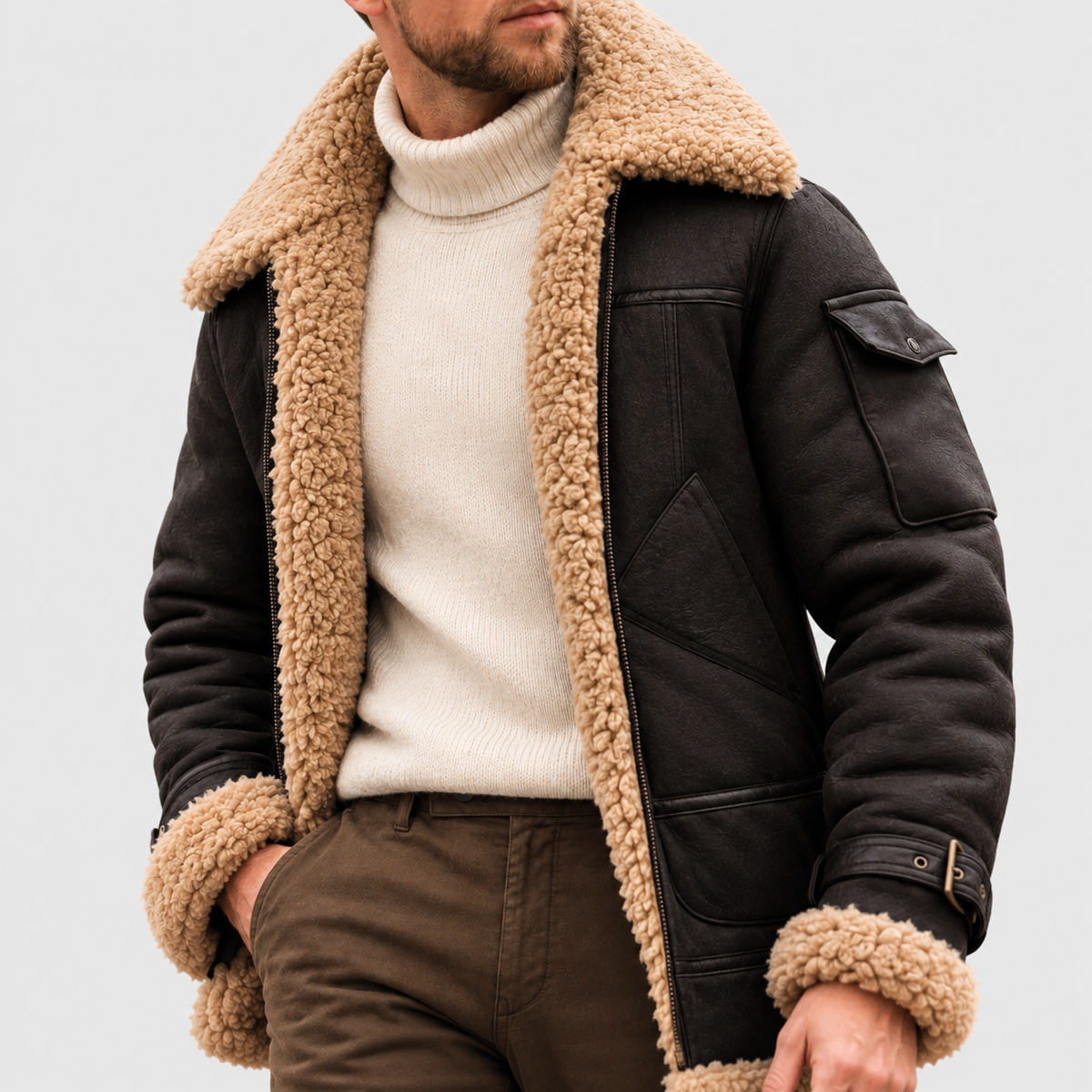 Zeno | Giubbotto Aviatore Effetto Scamosciato con Collo in Shearling