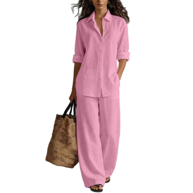 Completo Camicia e Pantaloni Casual in Cotone e Lino da Donna