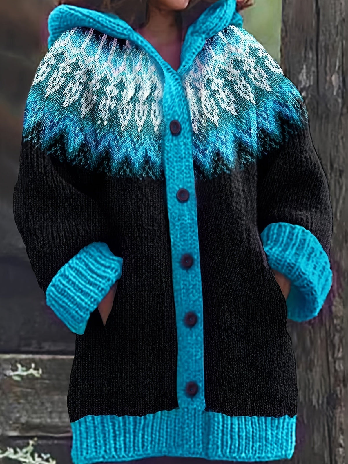 Gulnur | Cardigan con Cappuccio a Motivo Nordico