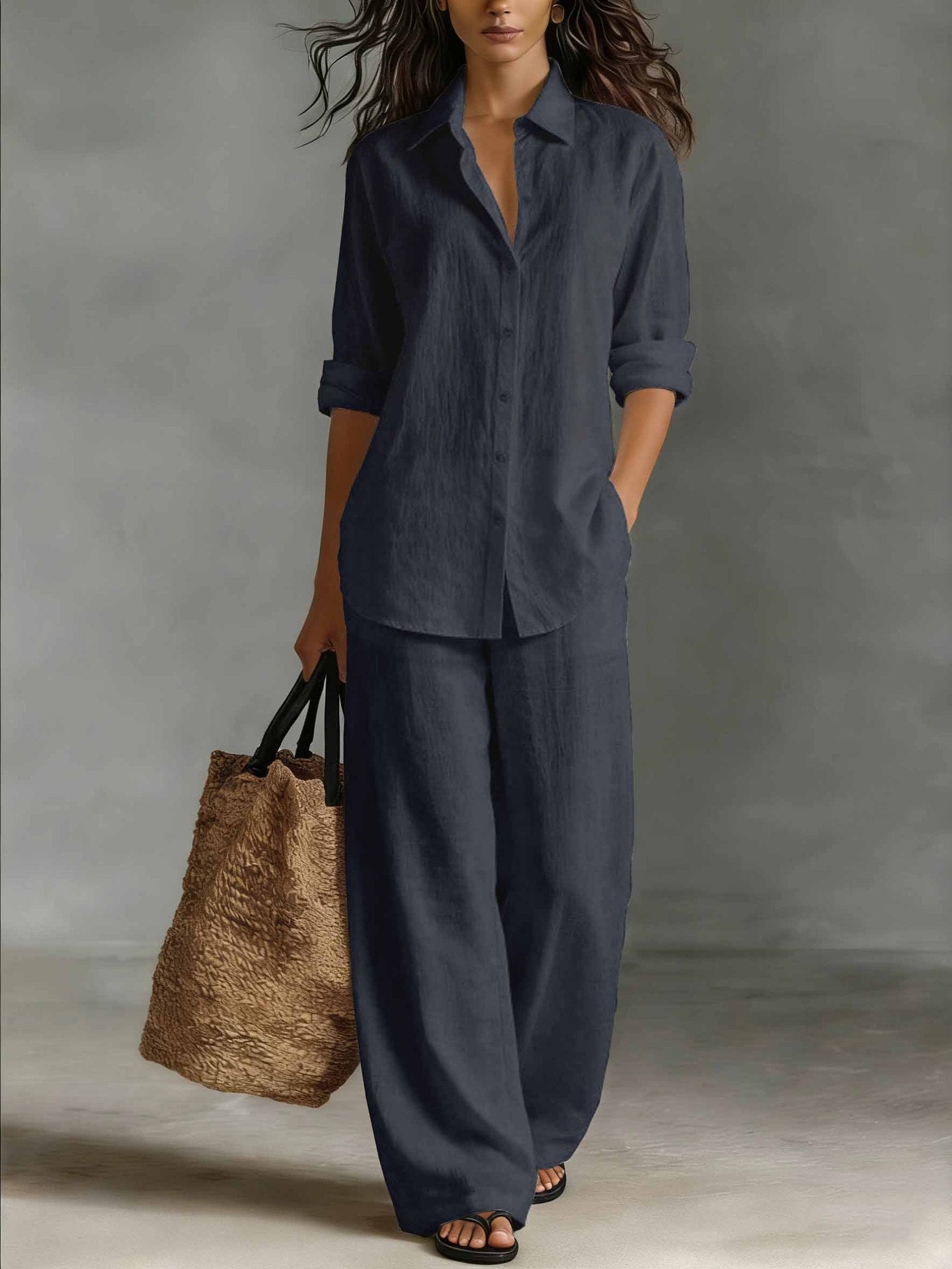 Completo Camicia e Pantaloni Casual in Cotone e Lino da Donna