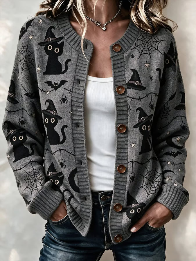 Cardigan Divertente da Donna con Stampa Gatti di Halloween