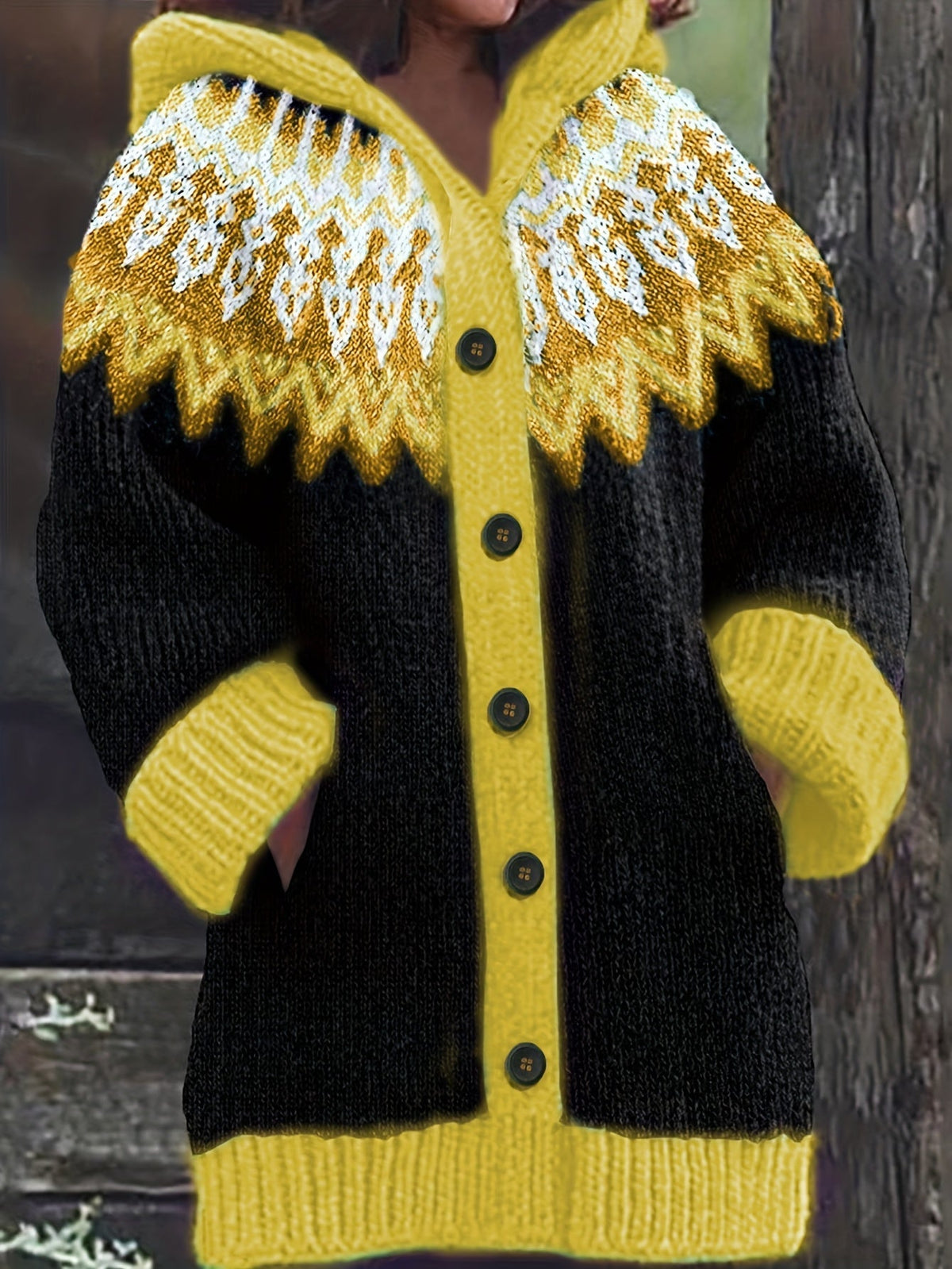 Gulnur | Cardigan con Cappuccio a Motivo Nordico