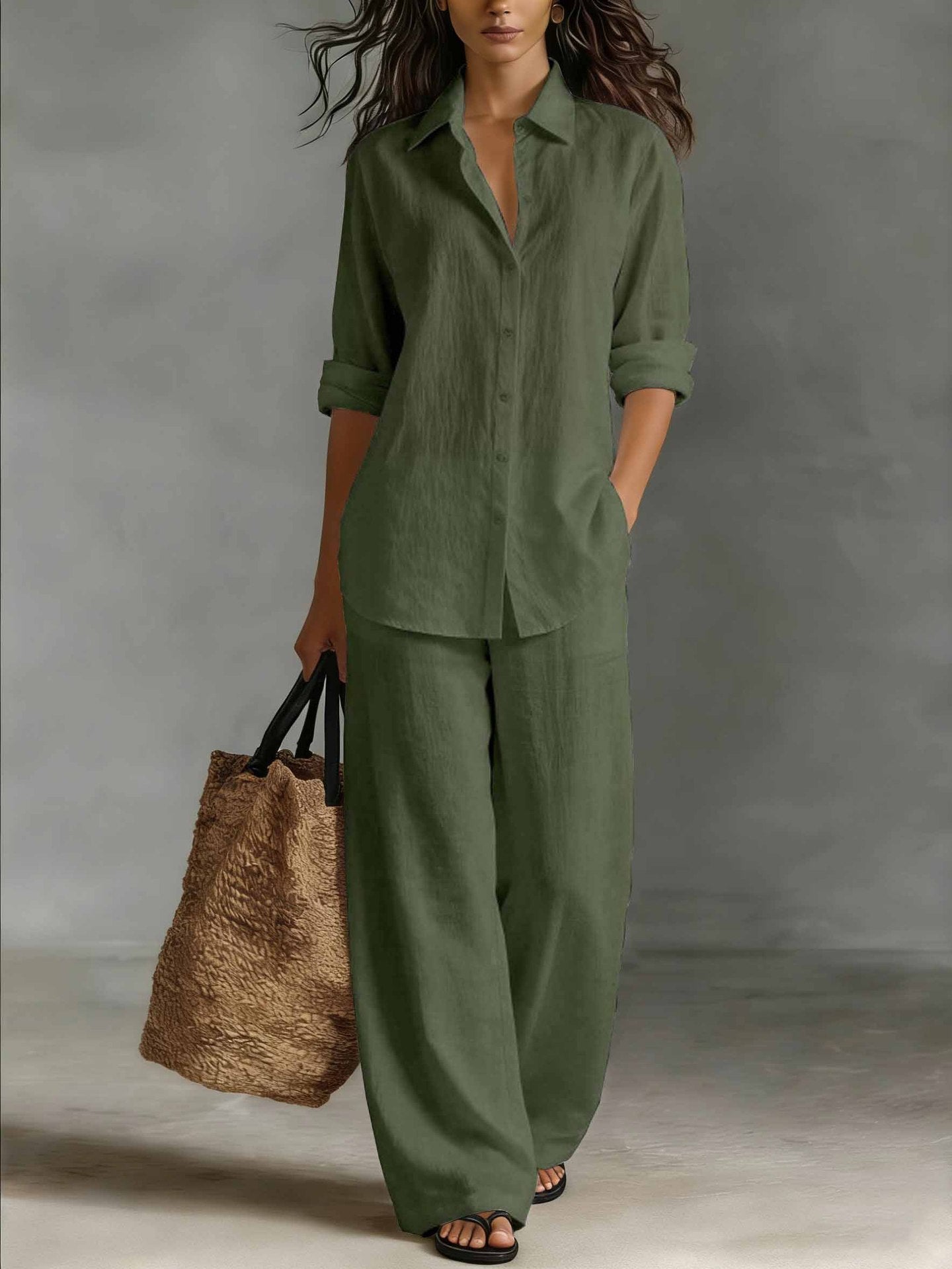 Completo Camicia e Pantaloni Casual in Cotone e Lino da Donna